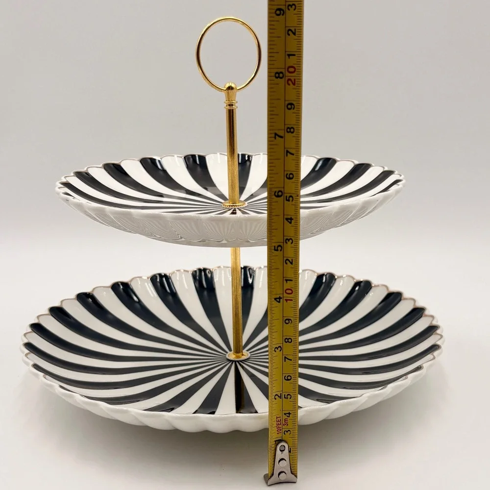 Grace Teaware Black White Striped 2 Tier Porcelain Dessert Stand Halloween